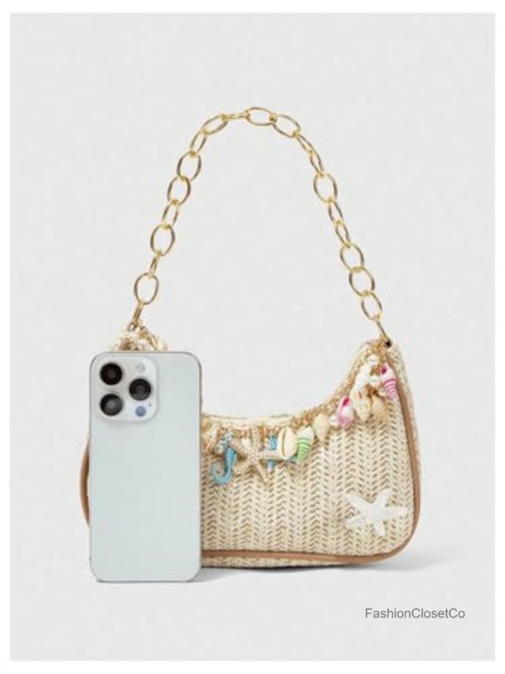 Boho Seashell Starfish Straw Shoulder Handbag with Chain Strap - Picture 5 of 6